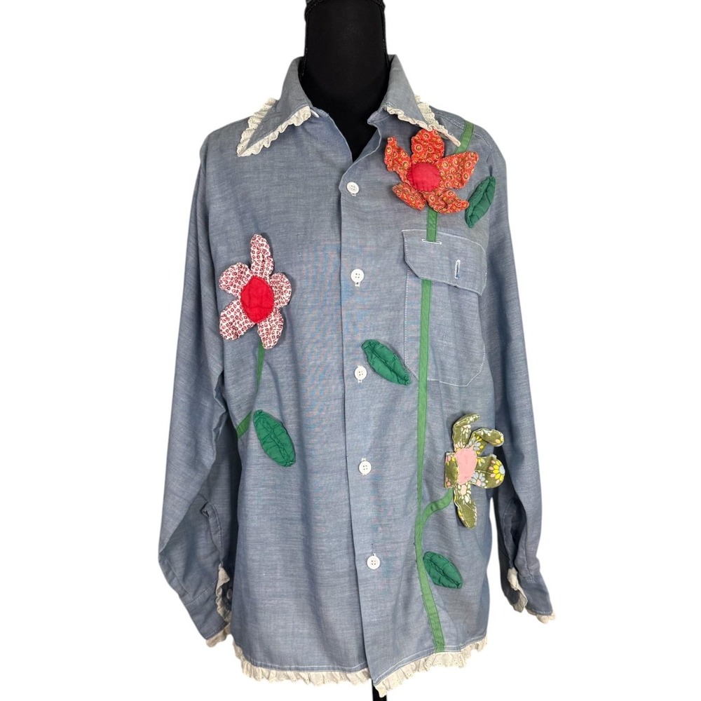 Vintage 70s Montgomery Ward Chambray Handmade Flower Applique Hippie Boho